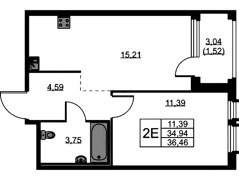 1-комнатная квартира 36.46 м², 3/15 эт., ЖК «GloraX Парголово»